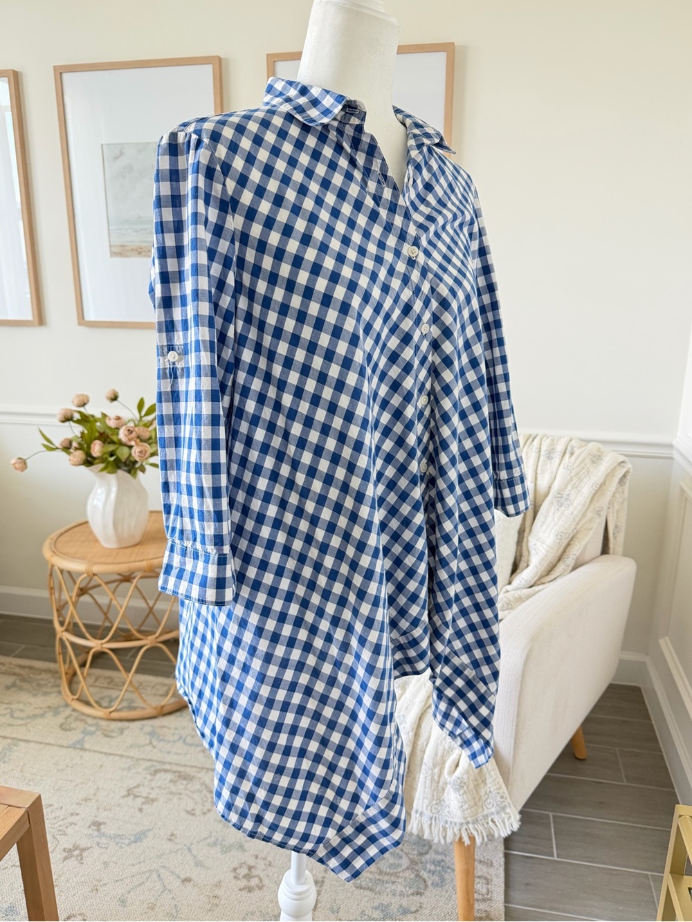 Anne Klein Blue Gingham Shirt Coastal Preppy Hamptons Chic Roll Tab Euro Summer - Picture 9 of 15